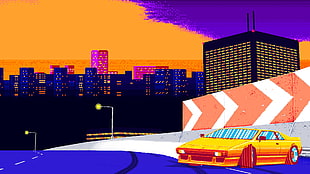 yellow coupe, 8-bit, sunset, city, Freeway HD wallpaper