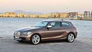 brown BMW 3-door hatchback, BMW 1, car, cityscape, vehicle