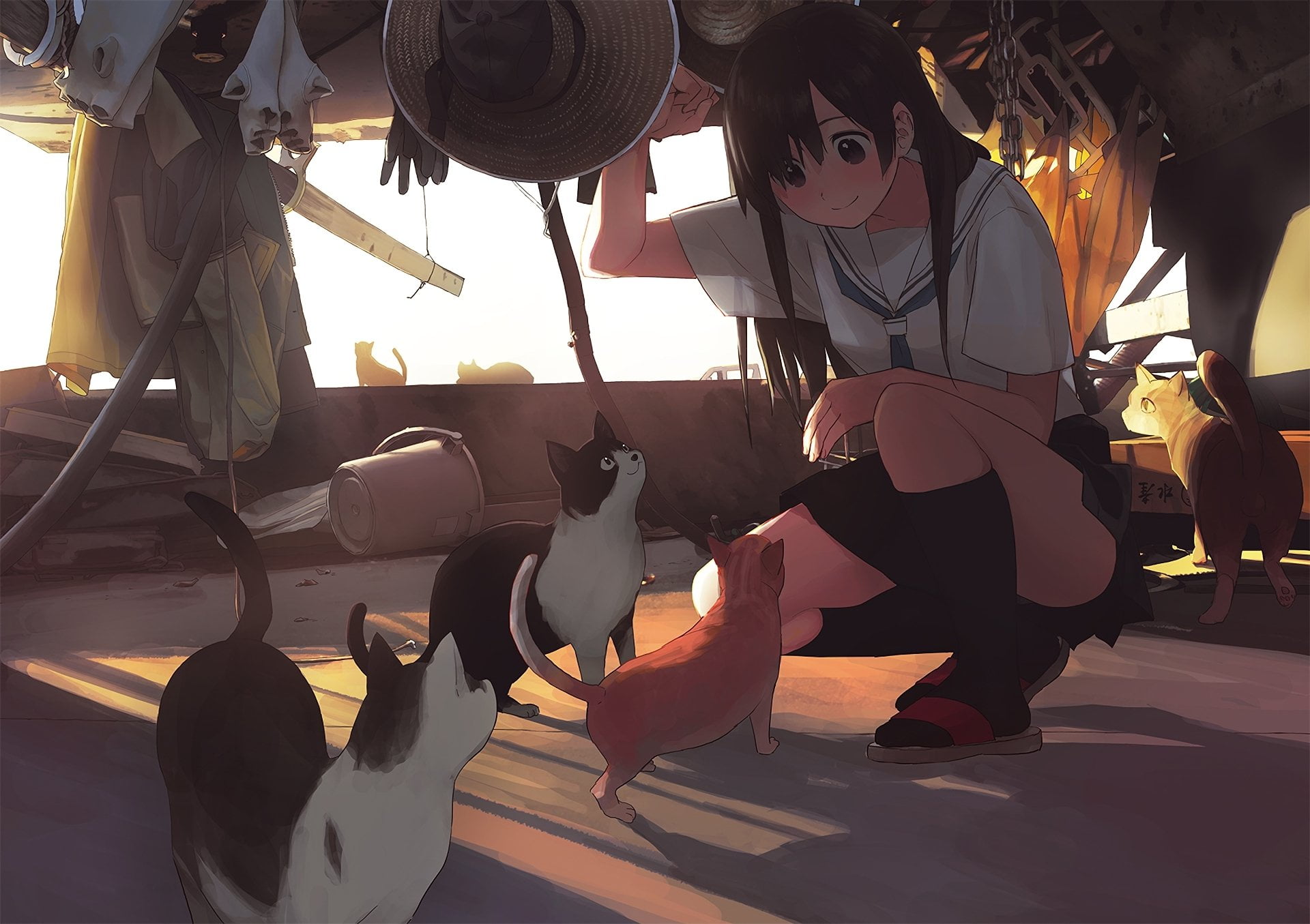 Three cat illustration, anime girls, cat, animals, artwork HD wallpaper |  Wallpaper Flare