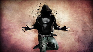 man wearing black zip-up hoodie poster HD wallpaper