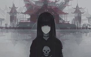 female anime character illustration, skull, black hair, red eyes