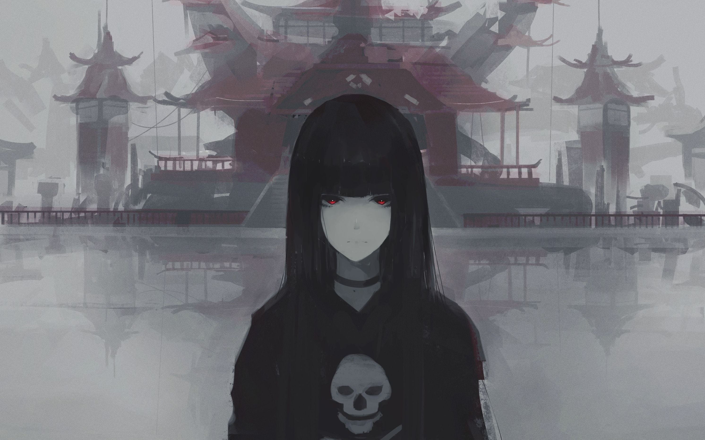 Female Anime Character Illustration Skull Black Hair Red