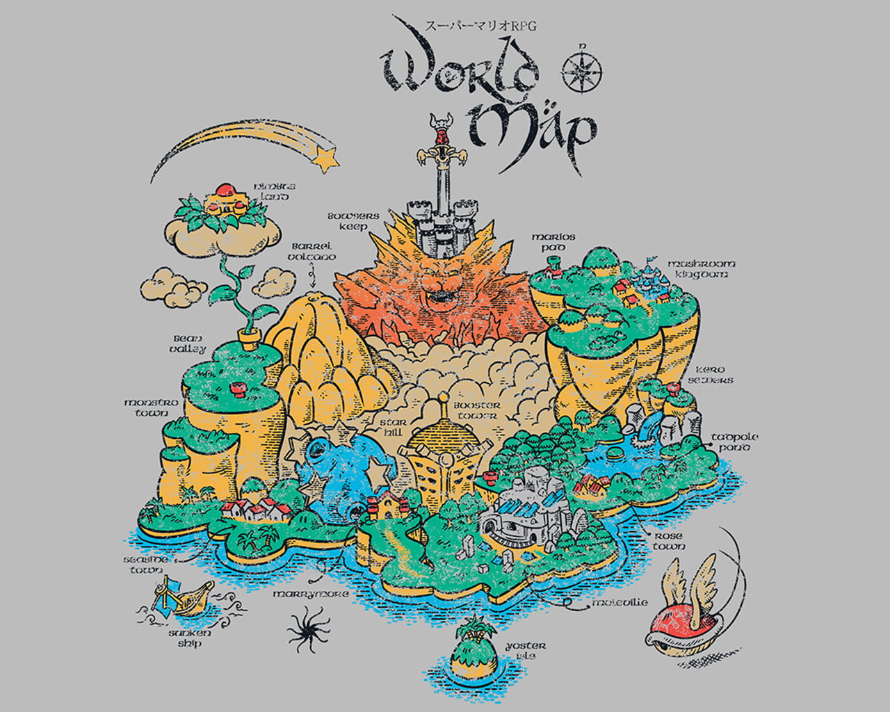 World Map Illustration Super Mario Video Games Map Super Mario
