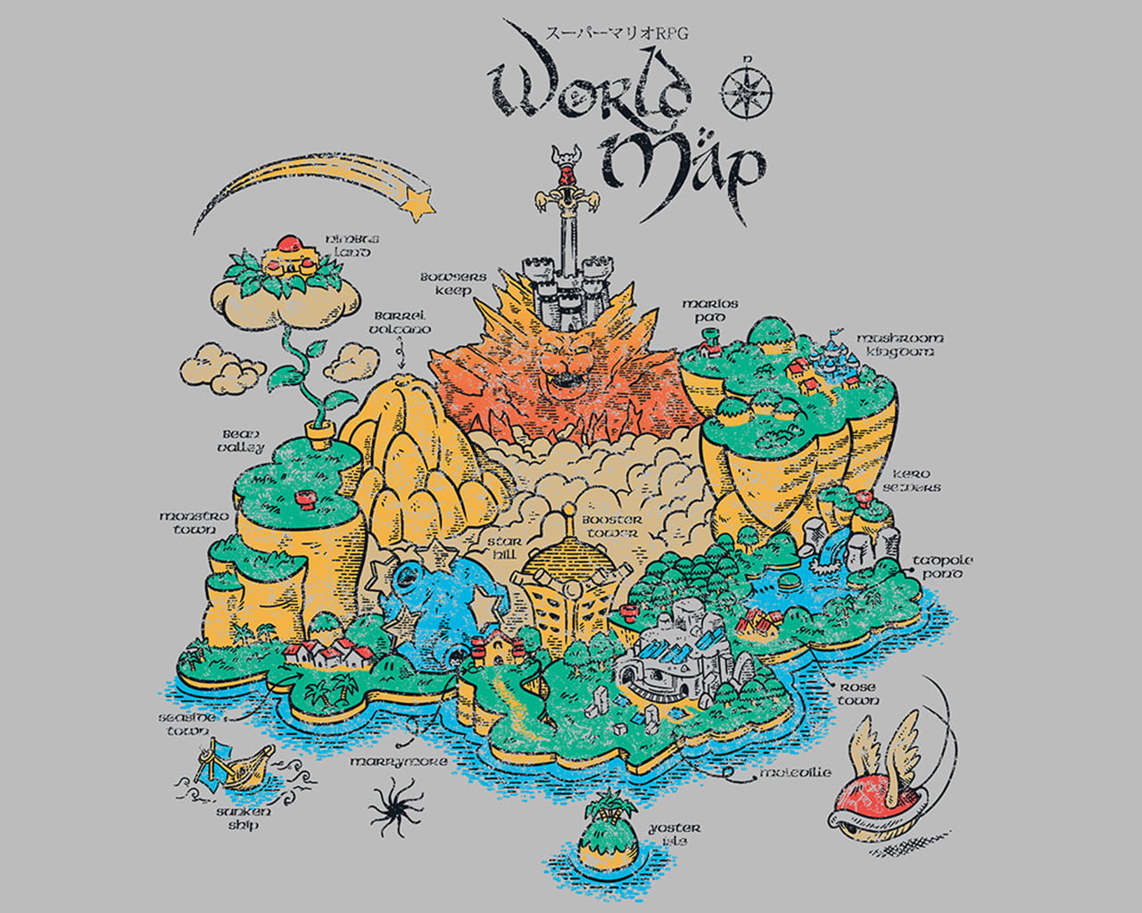 World Map illustration, Super Mario, video games, map, Super Mario RPG