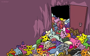pile of bear plush toy beside opened red door illustration