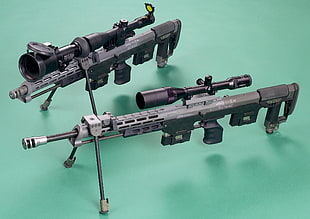 two black-and-gray assault rifles with tactical scopes, DSR-1, sniper rifle, weapon