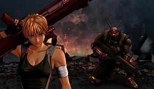 female anime character holding rifle against robot holding gun landscape photogrpagy
