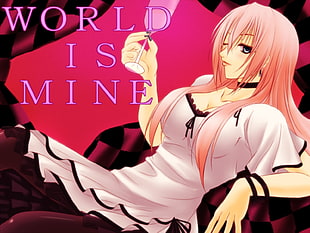 Pink haired female anime character in white dress with World is Mine text 3D wallpaper