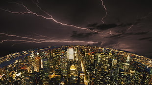 aerial view photo of cityscape with lightning, city, cityscape, lightning, night