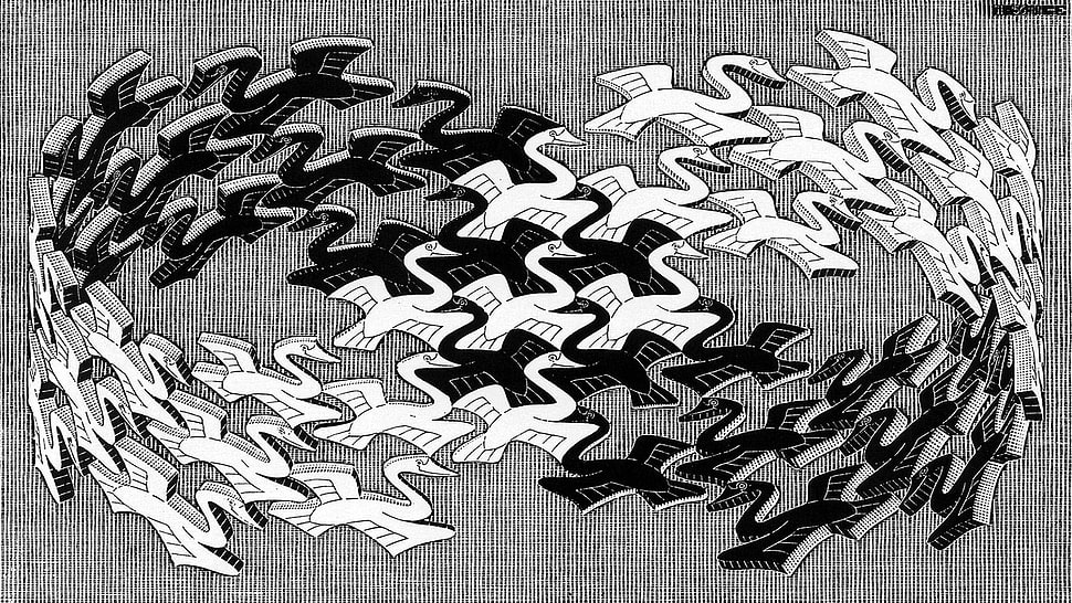 white and black-printed infinity decor, artwork, M. C. Escher, monochrome, psychedelic HD wallpaper