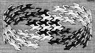 white and black-printed infinity decor, artwork, M. C. Escher, monochrome, psychedelic