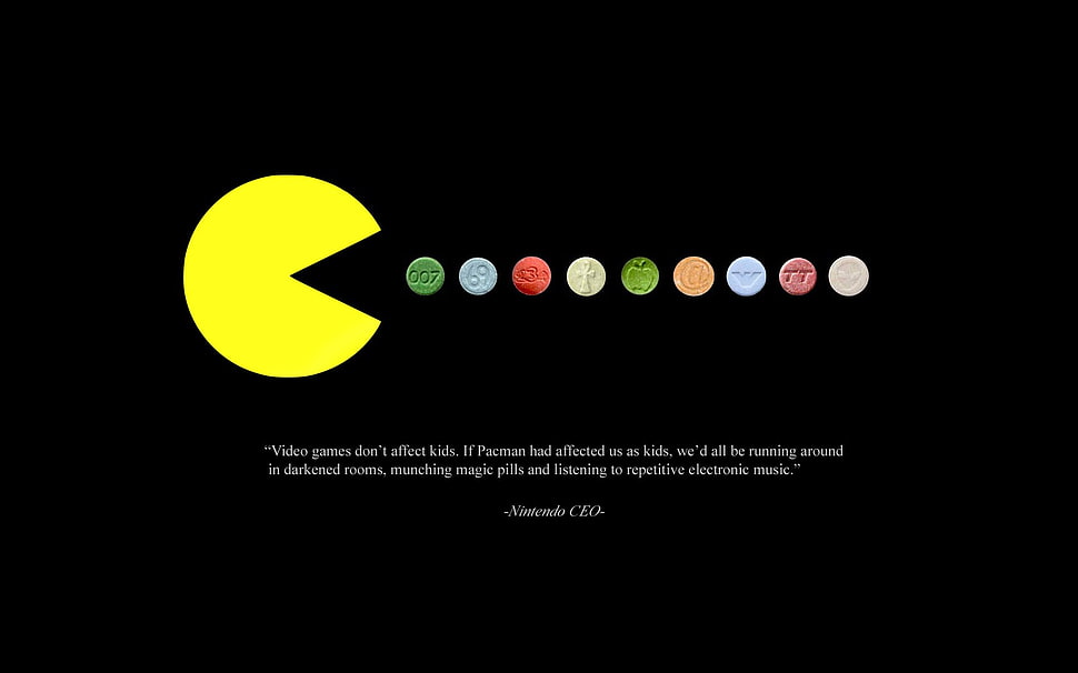 Pac-Man game application logo, Pacman, video games, quote, pills HD wallpaper