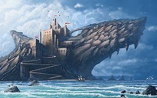 dragon castle digital wallpaper, digital art, fantasy art, nature, water