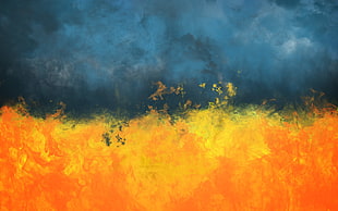 orange and blue blazing fire abstract painting, fire, abstract, painting, smoke HD wallpaper