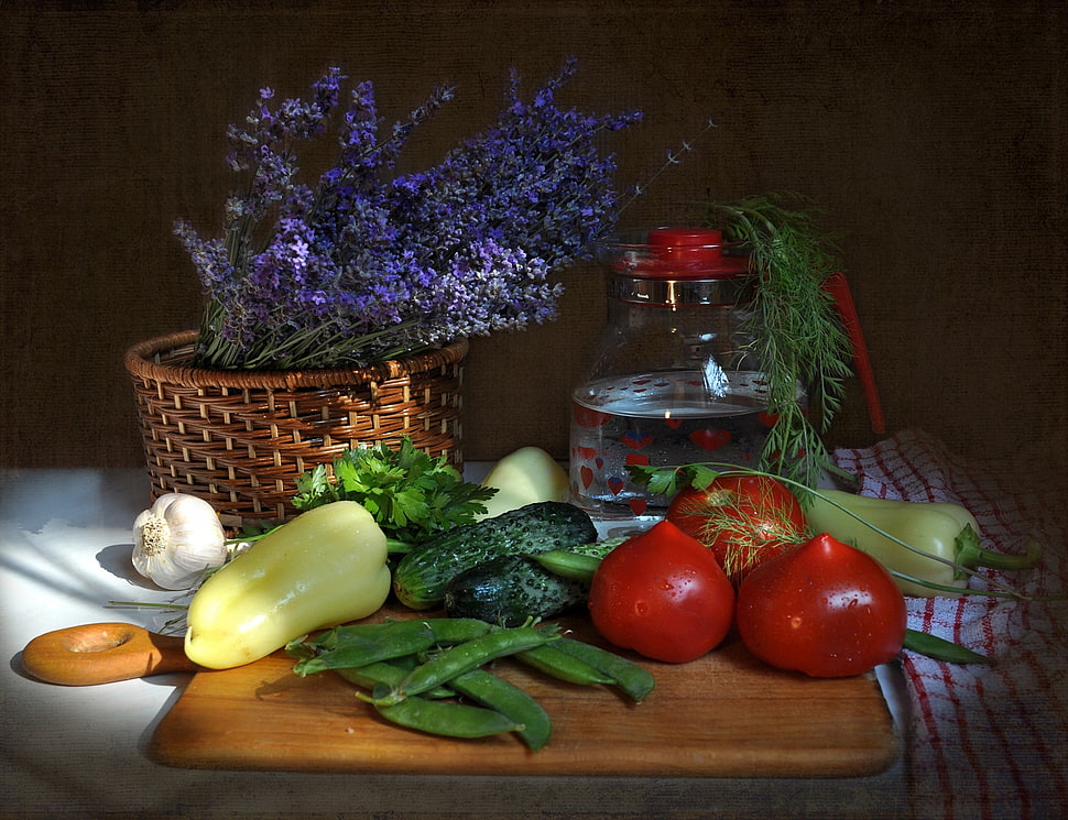 assorted vegetables with lavender HD wallpaper