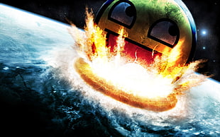 earth and meteor illustration, awesome face, explosion, space, planet
