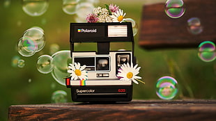 black Polaroid land camera, camera, bubbles, flowers