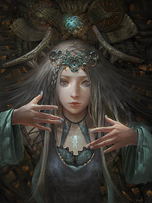 gray haired female character, fantasy art