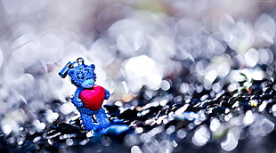 closeup photo of blue bear plush toy holding heart