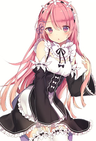 Rezero Ram digital wallpaper, white background, maid outfit, maid, Ram (Re:Zero)