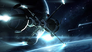 gray spacecraft far away from planet digital wallpaper, movies, science fiction