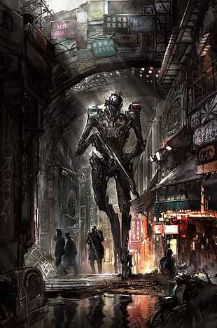 alien with gun digital wallpaper, science fiction