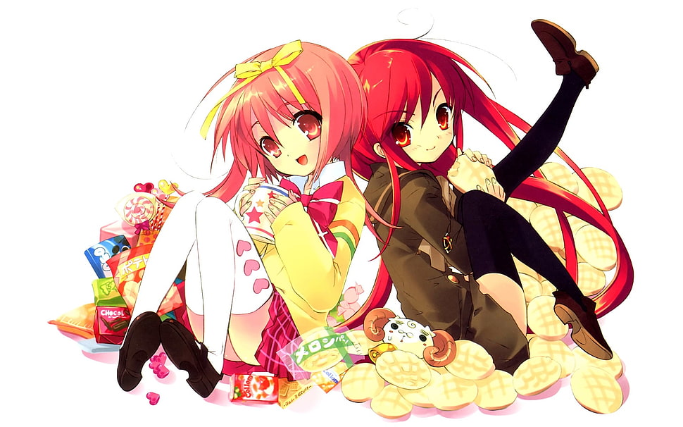 two pink and red haired female anime characters HD wallpaper