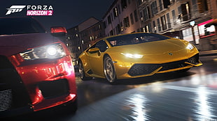 Forza Horizon 2 digital wallpaper, Forza Horizon 2, video games, Mitsubishi Lancer Evo X, Lamborghini Huracan