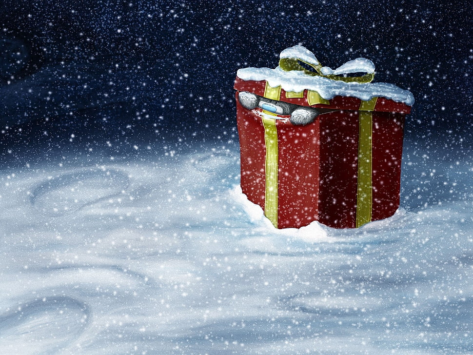 red and yellow Christmas gift box with white snow illustration HD wallpaper