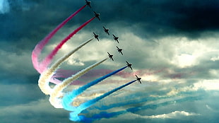 nine air show planes, airplane, smoke, colored smoke, clouds