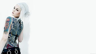 white haired woman with full back tattoo HD wallpaper
