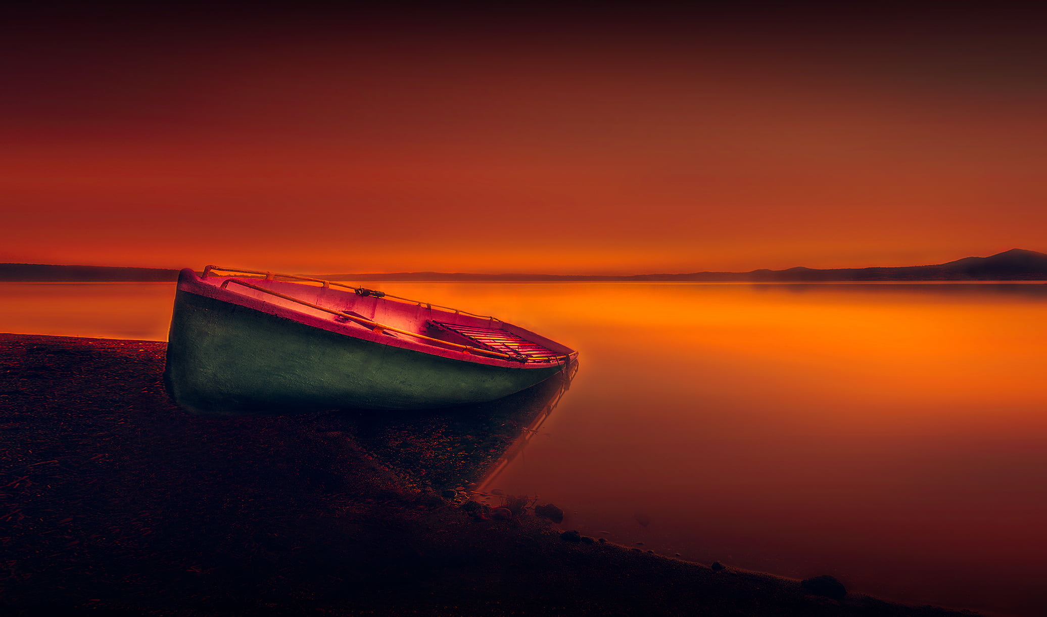 painting of boat in lake