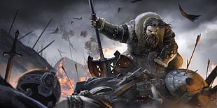 man wearing brown coat holding brown weapon digital wallpaper, fantasy art, dwarfs, warrior