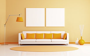white 3-seat sofa with throw pillows HD wallpaper