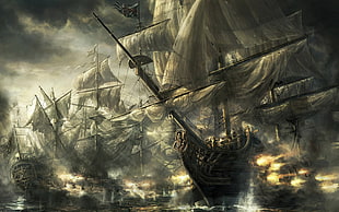 painting of galleon ship, ship, sailing ship, artwork HD wallpaper