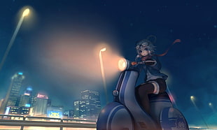 female anime character riding motor scooter illustration