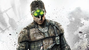 graphic wallpaper of man in camouflage armor and goggles