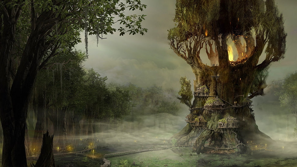 tree castle illustration, fantasy art, forest, drawing, digital art HD wallpaper