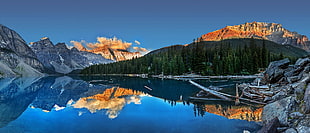 mountain near body of water digital wallpaper, Moraine Lake, sunset, summer, lake HD wallpaper