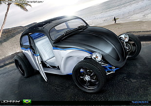 black and grey Volkswagen beetle, car, tuning, digital art