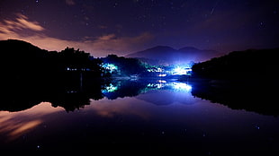 body of water, landscape, night, stars HD wallpaper