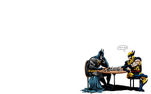 Marvel and Batman gambling illustration, Wolverine, Batman, chess
