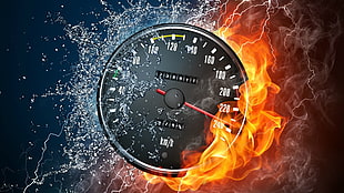 round black speedometer, digital art, speedometer, water, fire