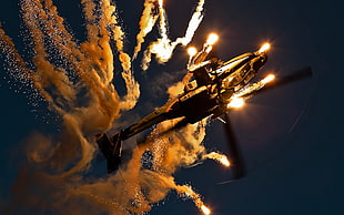 gray helicopter, Boeing Apache AH-64D, helicopters, flares, AH-64 Apache HD wallpaper