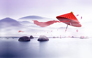 red umbrella, Chinese, umbrella, digital art, landscape