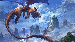 character riding a brown dragon digital wallpaper, fantasy art, digital art, Thomas Chamberlain - Keen, dragon HD wallpaper