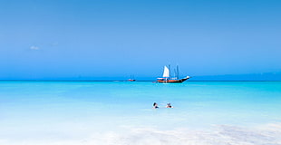 brown and white galleon boat on body of water near beach, aruba HD wallpaper