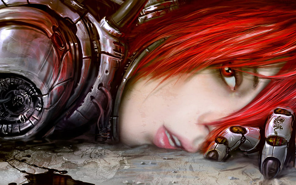 red haired robot female HD wallpaper