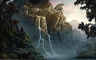 waterfalls digital wallpaer, artwork, fantasy art, dragon, Chimera