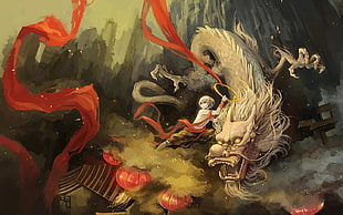 painting of man and lindwurm dragon, chinese dragon, Nezha, Journey to the west, Chinese mythology